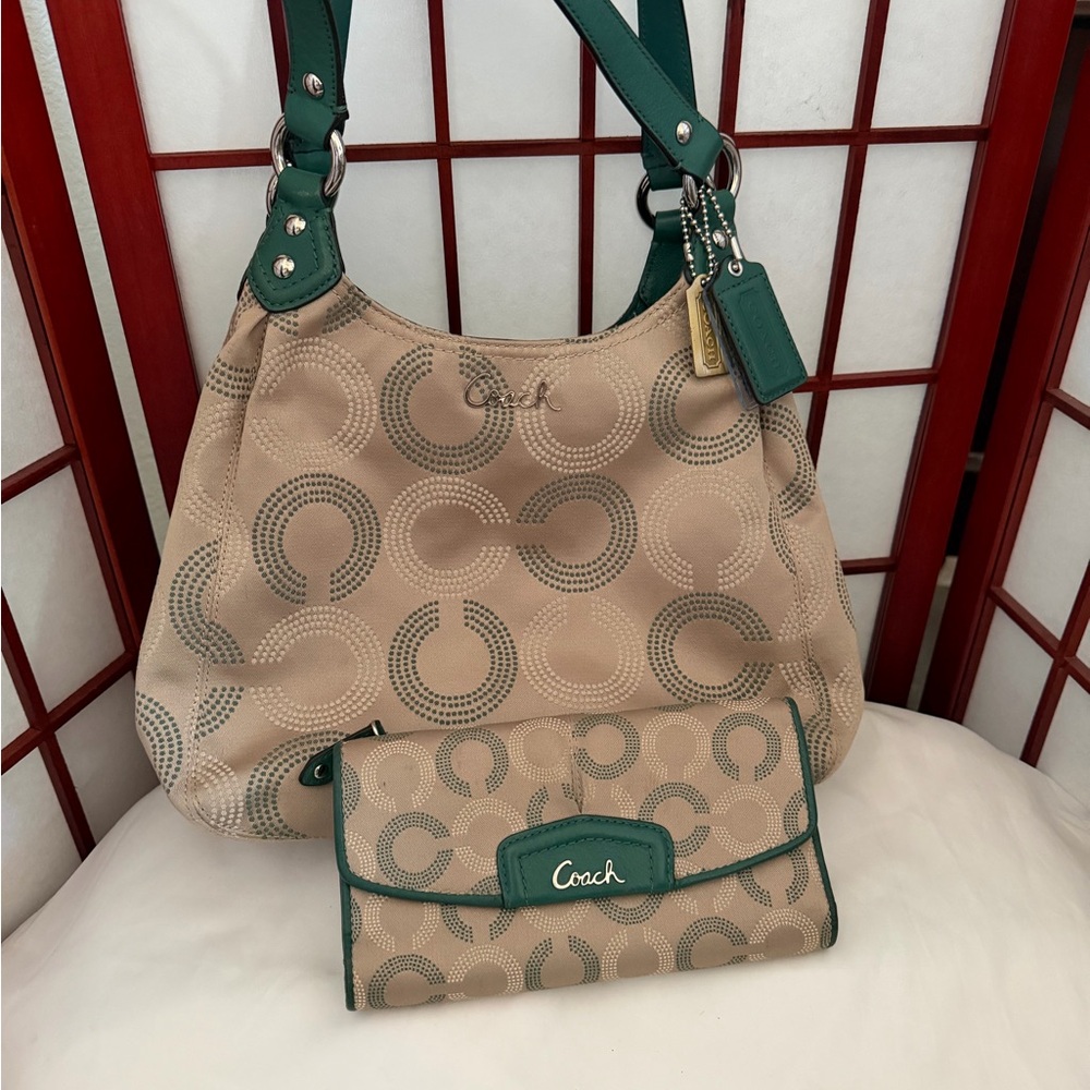 Coach Beige and Green Hobo Bag with Wallet